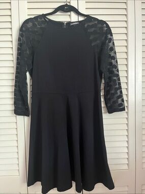 Express Black Fit & Flare Dress with Polka Dot Mesh Sleeves